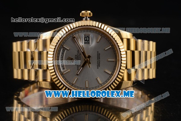 Rolex Day-Date Clone Rolex 3255 Automatic Yellow Gold Case/Bracelet with Silver Dial and Stick Markers - Click Image to Close